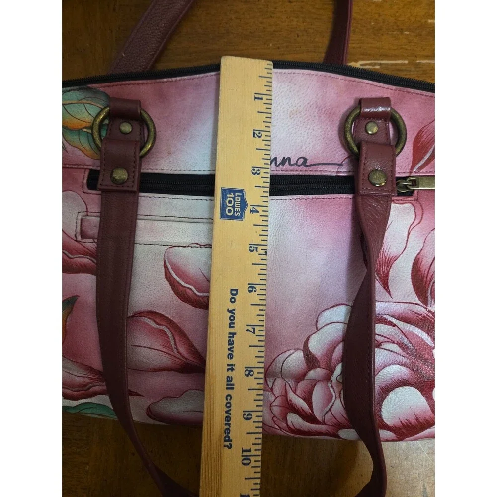 Anuschka Anna Hand Painted Leather Shoulder Bag Purse Precious Peony Pink Maroon